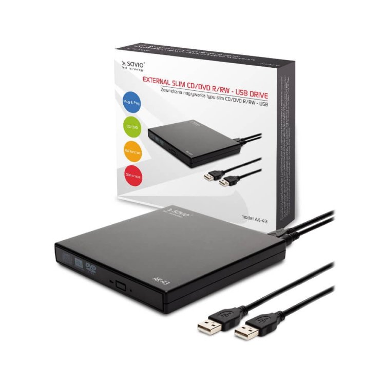 SAVIO NAGRYWARKA ZEWNĘTRZNA TYPU SLIM CD/DVD R/RW – USB 2.0 AK-43