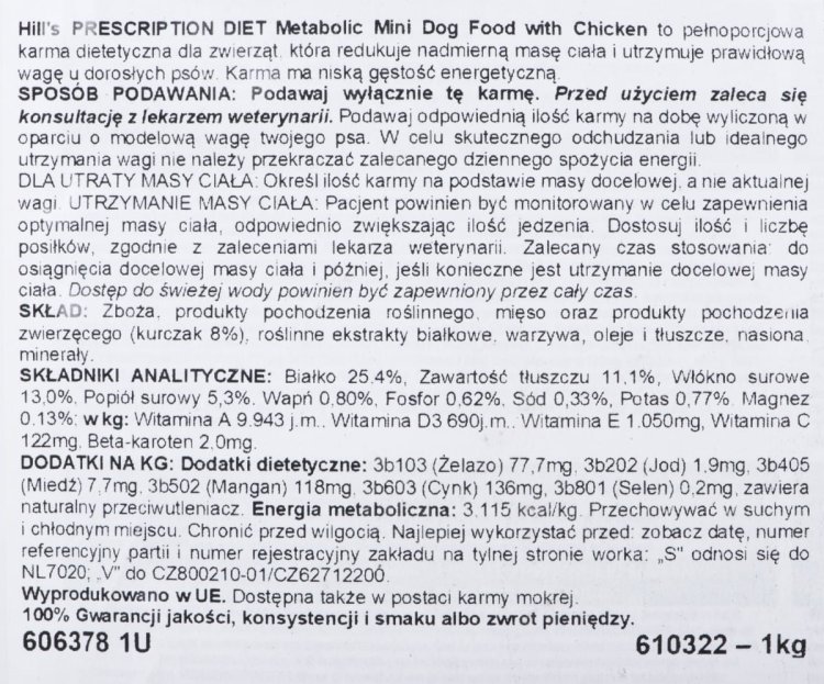 Hill"S PD Canine Metabolic Mini sucha dla psa 1kg